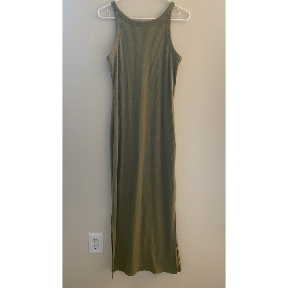 A New Day Olive Green Ribbed Knit Maxi Dress Sleeveless Minimalist Boho XS